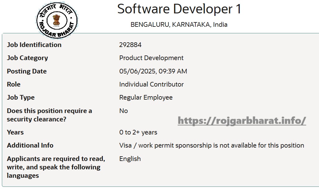 Oracle Bengaluru Software Developer Recruitment 2025